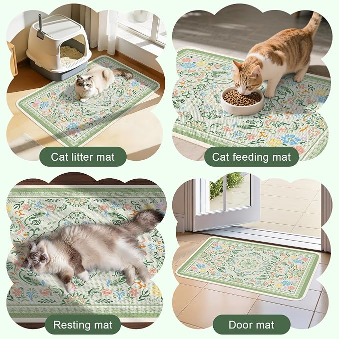 Bienbee Cat Litter Mat, 33" x 22" Litters Box Mat Machine Washable Less Waste Waterproof Litter Mats, Non-Slip Cat Litters Trapping Mats Easy to Clean Bean-Green L