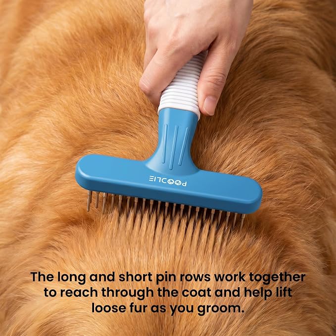 POODLIE Poodle Pet Dog Grooming Rake | Dematting Tool with Stainless Steel Shedding Comb for Pets | 2 Rows of Pins Gently Remove Loose or Tangled Hair from Undercoat (Blue)