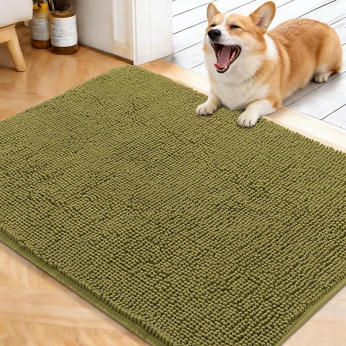 OLANLY Dog Door Mat for Muddy Paws 40x32, Super Absorbent Chenille Mud Mat | Willow Green, Absorbs Moisture and Dirt, Non-Slip Machine Washable Doormat, Quick-Dry Indoor Entryway Floor Carpet for Dogs