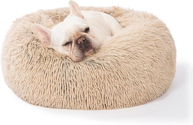 SAVFOX 23 inches Calming Donut Dog Bed - 3X Durable Plush Faux Fur, Machine Washable & Non-Slip, Fits up to 25 lbs, Beige
