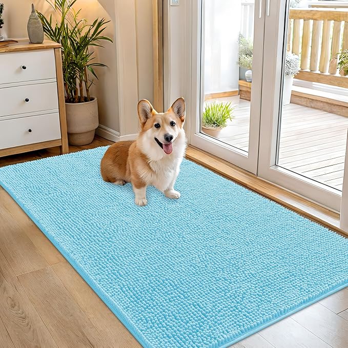 OLANLY Dog Door Mat for Muddy Paws 54x32, Super Absorbent Chenille Mud Mat | Blue, Absorbs Moisture and Dirt, Non-Slip Machine Washable Doormat, Quick-Drying Indoor Entryway Floor Carpet for Dogs