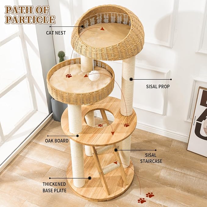 SHODMI Modern Cat Tree Tower for Large Indoor Cats, 53-Inch, 2 Basket Beds | 8 cm thick sisal scratching posts, 20.5-inch wide stable base, rubberwood frame, sisal stairs, plush & cooling mats