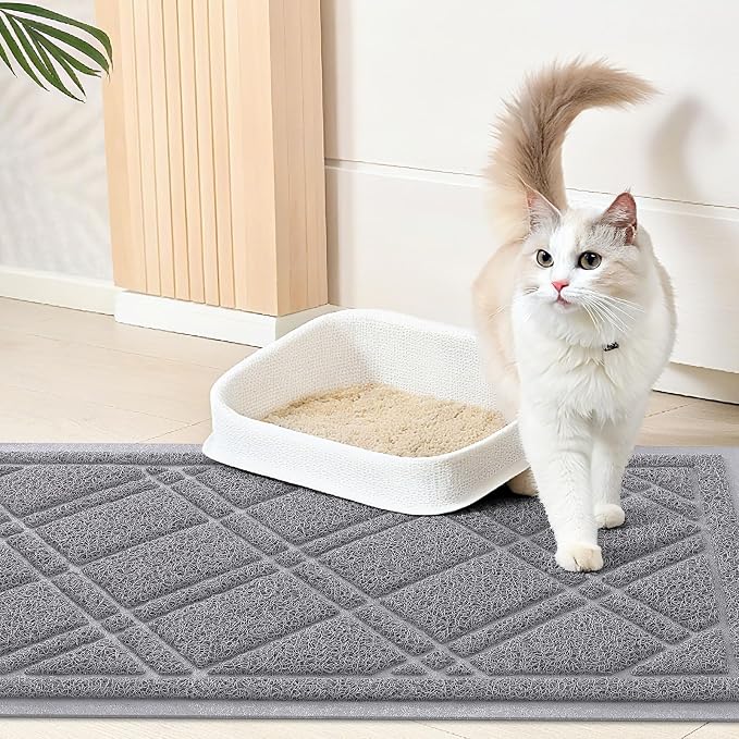 Smiry Cat Litter Box Mat 36x24, Non-Slip Water Resistant Litter Trapping Mat, Easy Clean Less Waste and Urine-Locking Cat Carpet for Indoor, Grey