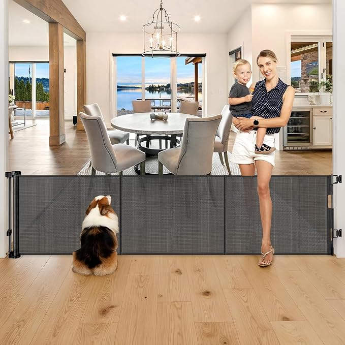 Reinforced 28" Tall Dog Gate 80" Wide Retractable Baby Gate, Easy Step Over Pet Gate Indoor Outdoor Retractable Gate with Support Rods, Short Baby Gate Stair Gate, Puppy Gates for The House, Black