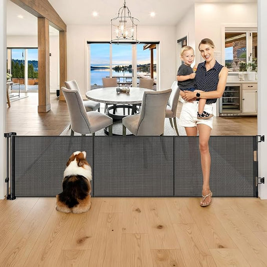 Reinforced 28" Tall Dog Gate 80" Wide Retractable Baby Gate, Easy Step Over Pet Gate Indoor Outdoor Retractable Gate with Support Rods, Short Baby Gate Stair Gate, Puppy Gates for The House, Black