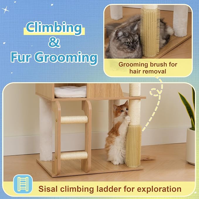 Hey-brother Wooden Cat Tree, Furniture Tower with Large Platforms, MPJ121BT | 69.7 inch, Modern Full Sisal Scratching Posts, Hammocks, Spacious Condo, Ladder, Brush, Water Proof Surface, White Oak