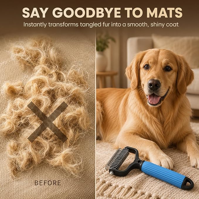 Pet Grooming Brush, Double-Sided Deshedding Dematting Tool for Dogs & Cats, Detangling Tool For Matted Fur, Ideal For Medium Or Long Haired Breeds (Blue)