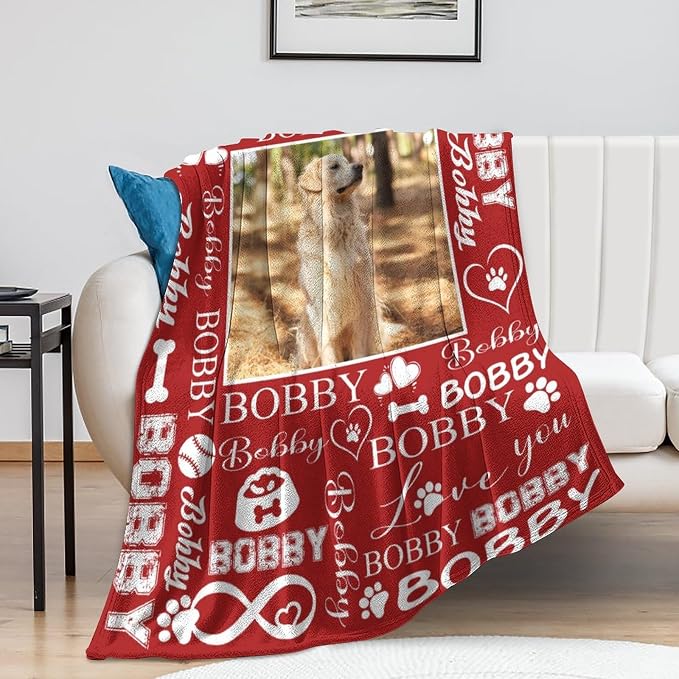 Artsadd Personalized Dog Blanket with Photos & Pet Name, Custom Dog Memorial Blanket and Throws for Remembrance, Customized Puppy Blanket, Dog Gifts for Pet Dog Lovers, Dog Mom Gifts for Women Xmas S