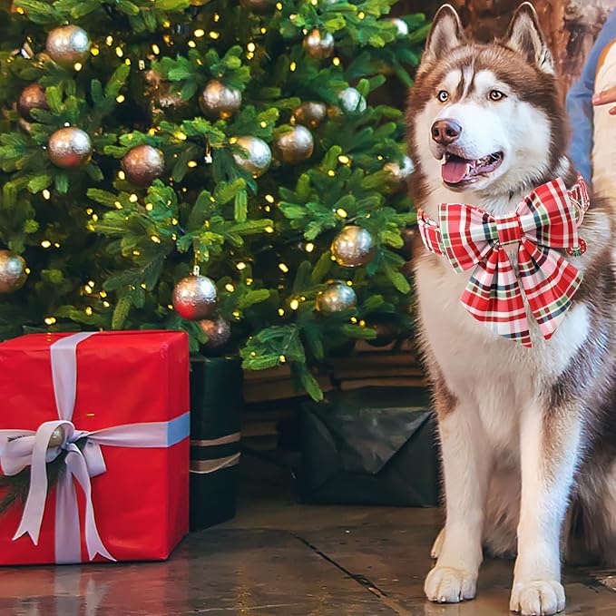 DOGWONG Christmas Dog Collar with Bow Tie - Christmas Red Plaid Puppy Collar, Adjustable Red Grid Dog Collars for Girl Boy Dogs, XS
