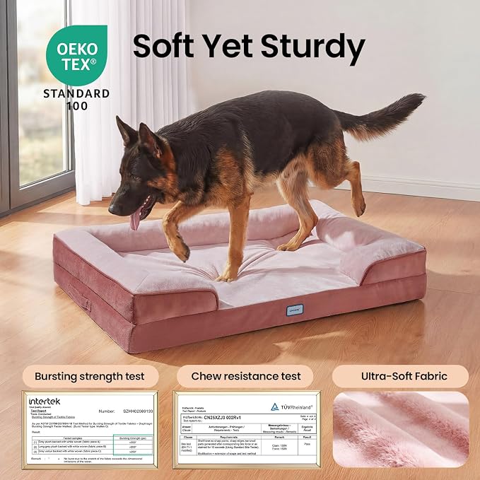 OhGeni Orthopedic Dog Bed Couch Big Cat Sofa for Extra Large Sized Pets with Memory Foam, Machine-Washable Waterproof Removable Cover, Soft Comfortable Fabric, 44-inch (Pink)