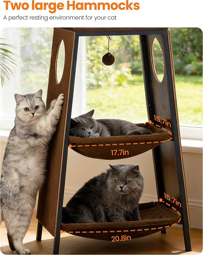56in Modern Wood Cat Tree Tower for Indoor Cats with Hammock | Multi-Level Climbing Design, 2 Spacious Hammocks, Perch, Cat Condo, Scratching Board, Ideal for Multi-Cat Homes, Rustic Brown