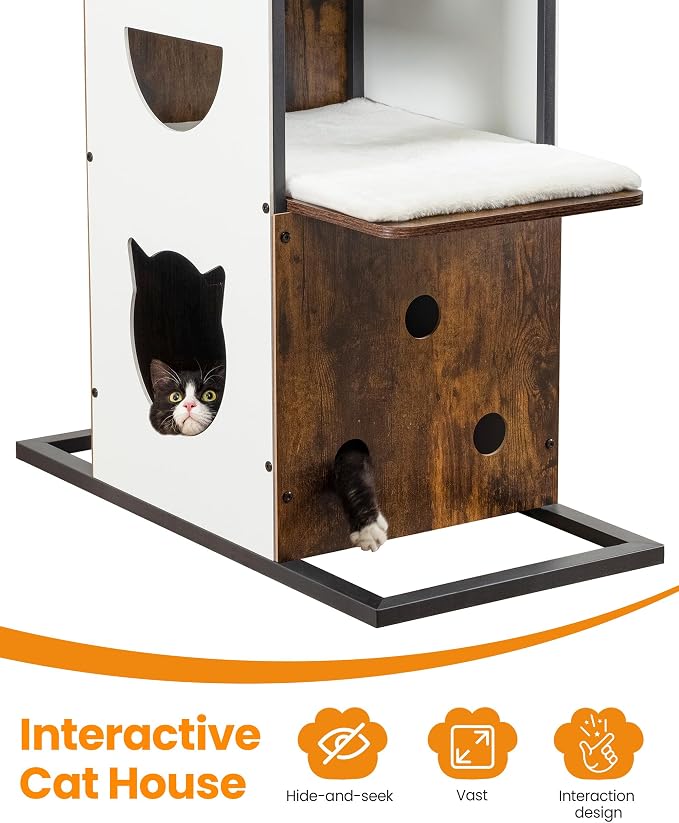 Wood Modern Cat Tree Tower, 84 Inch XL Tall Indoor Large Cat Condo | Heavy Duty XL Stable Wooden Cat Condo House Furniture with Multi-Level Spacious Perch Scratching Board Soft Washable Pads