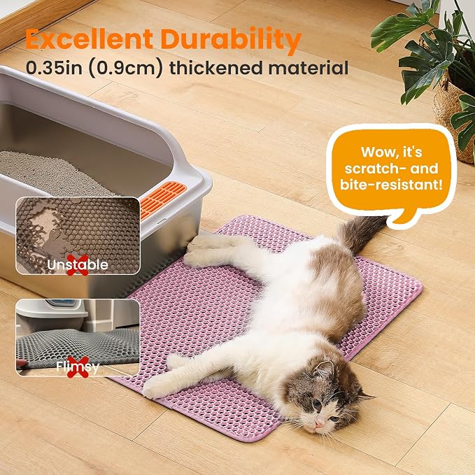 Cat Litter Mat, Double Layer Honeycomb Litter Box Mat | 24x18”, Efficient Litter Trapping, Easy to Clean, Waterproof, Non-Slip, Soft on Paws, Scratch Resistant, Pink, Large
