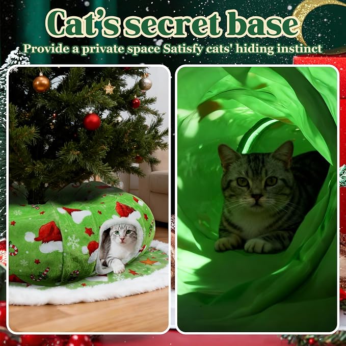 Christmas Cat Tunnel Tree Skirt – Warm Flannel Donut Tunnel Bed with Soft Cushion & Hanging Ball Toy, Peekaboo Cat Cave Under Tree for Indoor Cats to Prevent Christmas Tree Falling, Festive Green