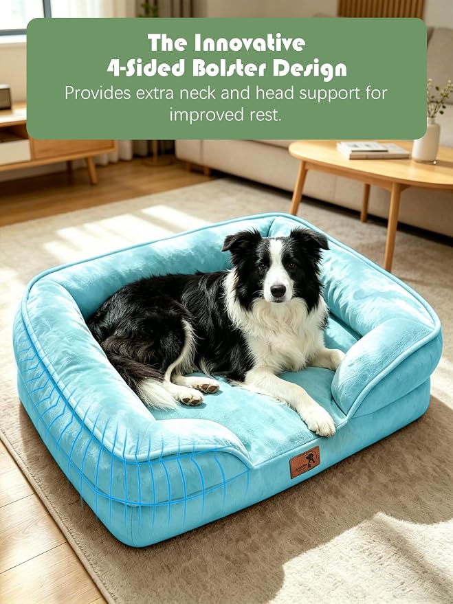 Spotted Play Orthopedic Dog Bed with Sides - Sofa Beds for Large Dogs, Supportive Foam Pet Couch Bed with Washable Removable Cover, Waterproof Lining and Non-Slip Bottom, Ice Blue - L