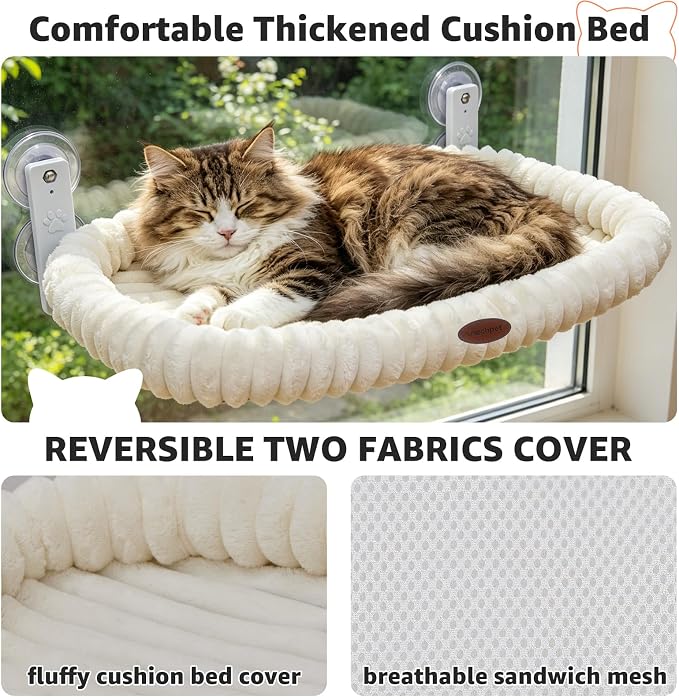 Cat Window Perch for Window with Solid Metal Frame and Ultra Soft Machine Washable Bed with 4-Sided Bolster, 4 Strong Suction Cups Window Resting Seat,Cordless Foldable Cat Hammock Bed