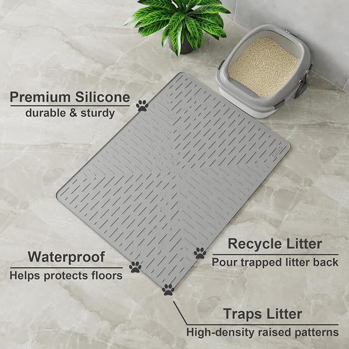 OHMO Large Cat Litter Mat, 31.5x23.6 Silicone Trapping Mat Grey | for Kitty Litter Box, Easy Clean, BPA Free Rubber, Center Litter Collection, Easy Pour-Back, Waterproof, Odor-Resistant