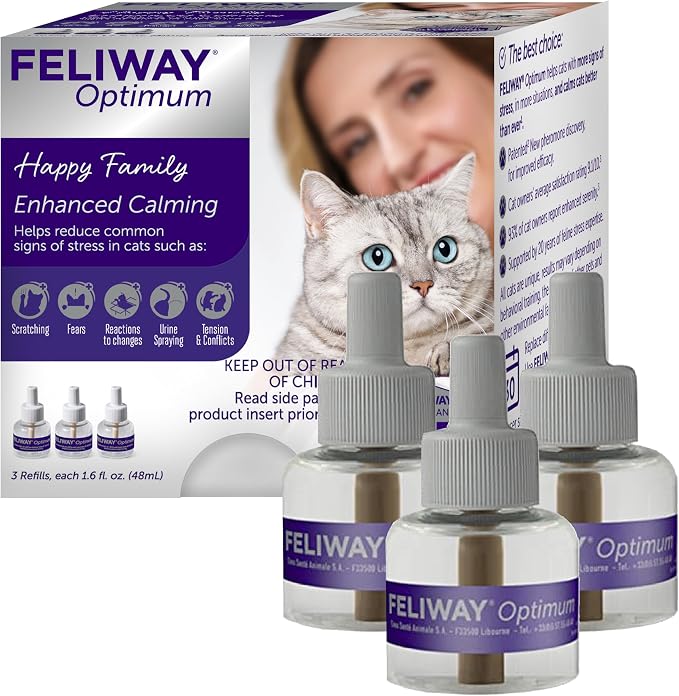 FELIWAY Optimum Cat Calming Pheromone Diffuser Refill - 3 Pack | Advanced Support to Help Reduce Urine Spraying, Scratching, Fighting & Hiding Due to Stress, 90 Day Supply