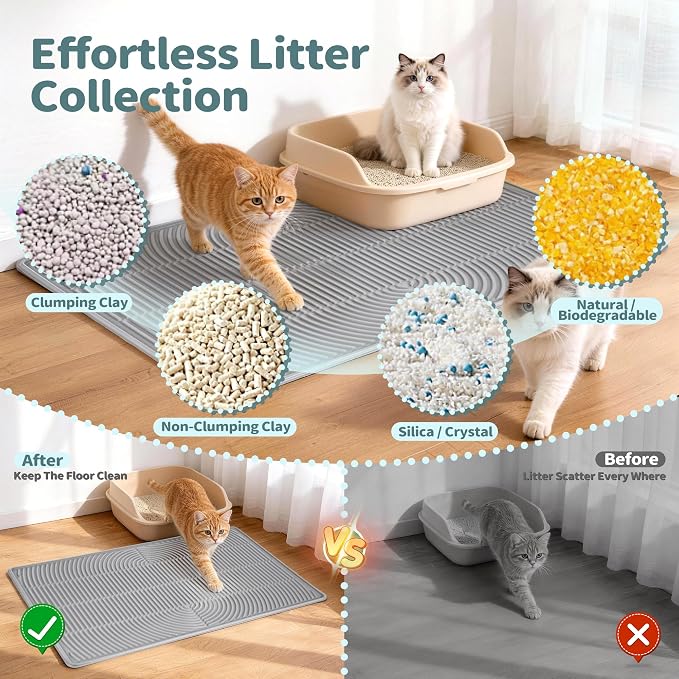 Silicone Cat Litter Mat, 40" x 28" Extra Large Cat Litter Trapping Mat for Litter Box with Raised Edge, Waterproof Cat Litter Tray Mat for Scatter Control, Soft on Kitty Paws, Non-Sip, Easy to Clean