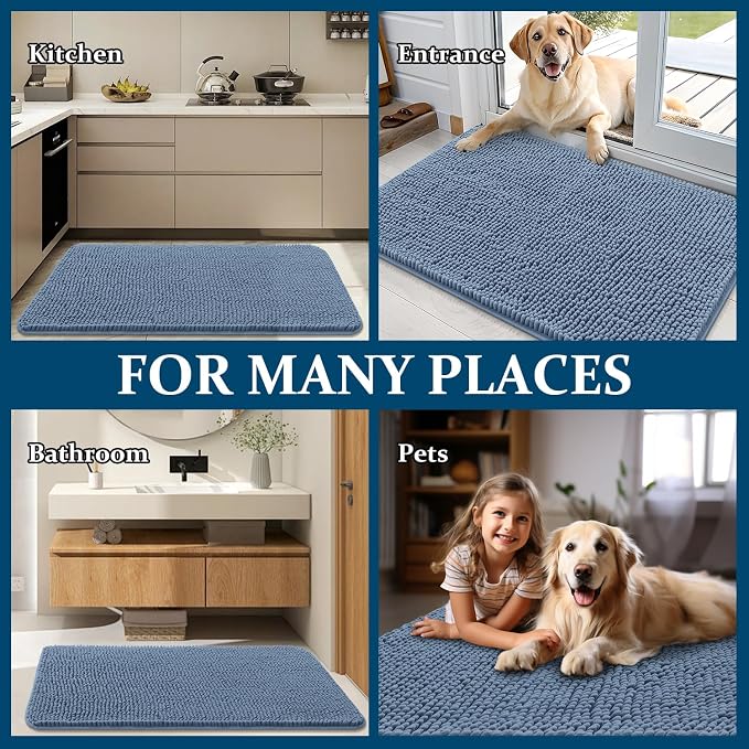 OLANLY Dog Door Mat for Muddy Paws 44x24, Super Absorbent Chenille Mud Mat | Airy Blue, Absorbs Moisture and Dirt, Non-Slip Machine Washable Doormat, Quick-Drying Indoor Entryway Floor Carpet for Dogs