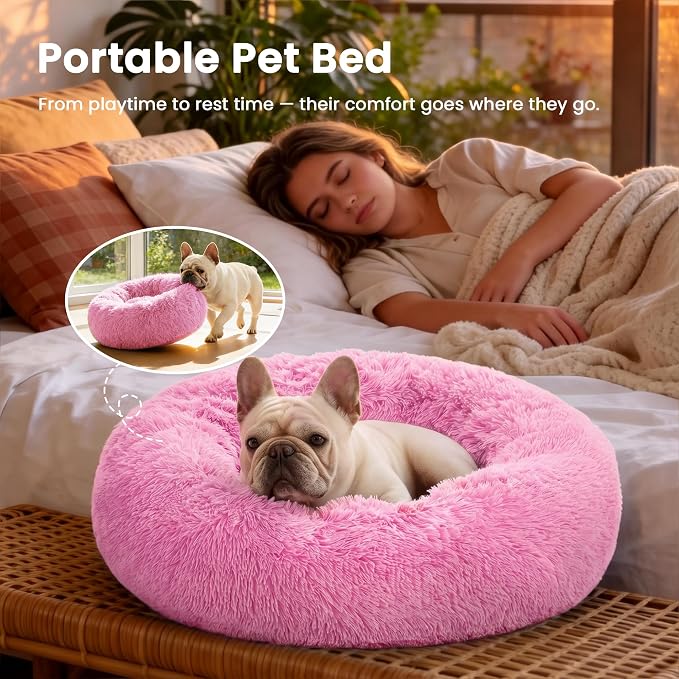 Love's cabin Calming Cat Bed for Indoor Cats, Anti-Anxiety Donut Round Dog Bed, Fluffy Faux Fur Washable Pet Bed for Small Medium Dogs and Cats, Pink, 24in