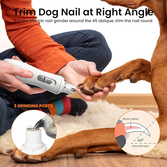 Tife Dog Nail Grinder for Dogs and Cats, Quiet Rechargeable | 2-speed electric pet nail trimmer with 3 grinding ports and diamond head for small dogs, large dogs, puppies and cats