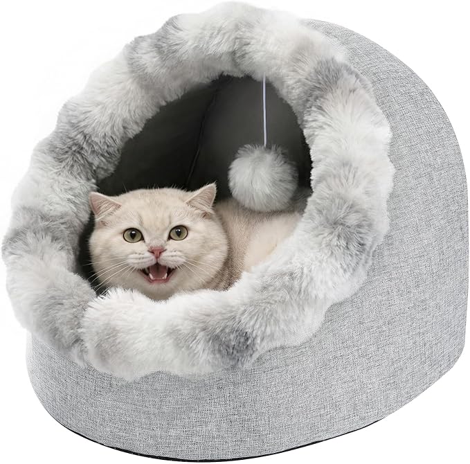 Avont Cat Bed Cave for Indoor Cats, Semi-Enclosed Cat House with Anti-Slip Bottom & Removable Washable Cushion, Warm Plush Cat Tent for Kittens & Puppy -M