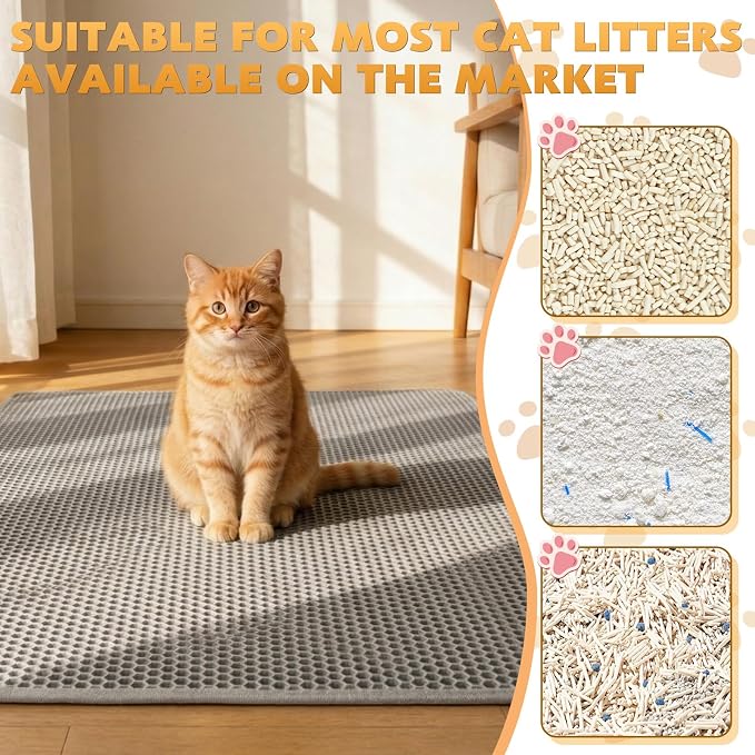 Cat Litter Mat 46"x26", Double Layer Waterproof Litterbox Mat, Gray | Non-slip backing, washable for easy cleanup, traps stray litter with waterproof honeycomb large grid that is urine-proof.