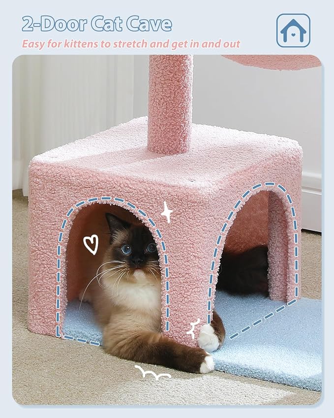 Flower Cat Tree with Large Metal Frame Hammock, 35" Pink Cat Tower with Sisal Scratching Posts for Small Indoor Cats, Cat Condo with Blue Top Perch for Kittens, Fluffy Ball, Pink