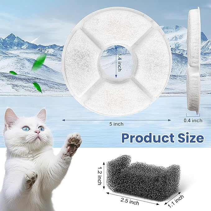 Cat Water Fountain Filter, 12 Pcs Replacement Cat Fountain Filters Dia is 5", 3-Filtration System Round Carbon Cats Filters Compatible with 81oz/2.4L Round Automatic Pet Fountain Water Dispenser