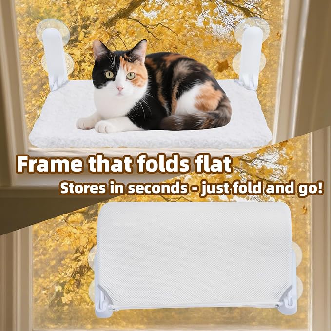 SMOUATOU Cat Window Perch, Cordless Foldable Cat Hammock Bed with 4 Suction Cups, Embeded Machine Washable Bed for Indoor Cats, Strong Metal Frame Holds 40lbs (Beige)