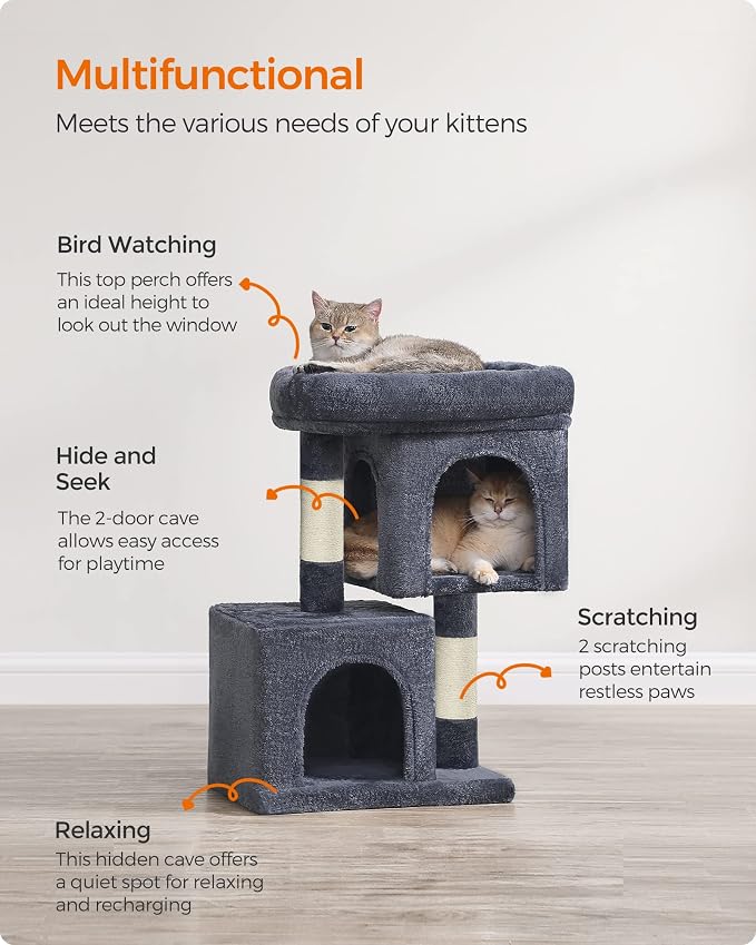 Feandrea Cat Tree, 26.4-Inch Cat Tower, Plush Condo for Kittens up to 7 lb, Large Perch, 2 Caves, Scratching Post, Smoky Gray UPCT611G01