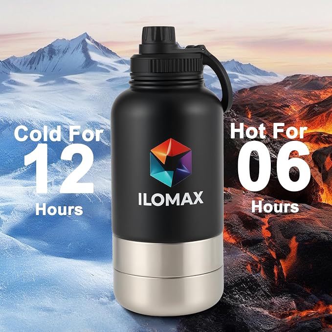 ILOMAX 3-in-1 Insulated Dog Travel Water Bottle, Stainless Steel, with Food & Water Bowls + Extra Magnetic Lid, Leak-Proof, Keeps Drinks Cold 12H/Hot 6H, Portable Hydration, 32oz (Black)