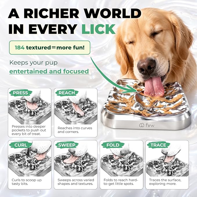 FXW IntoFlow Lick Mat, Premium Stainless Steel Dog Lick Pad, Durable Easy-Clean Textured Dog Enrichment Mat for Peanut Butter & Frozen Yogurt Treats | Patent Pending