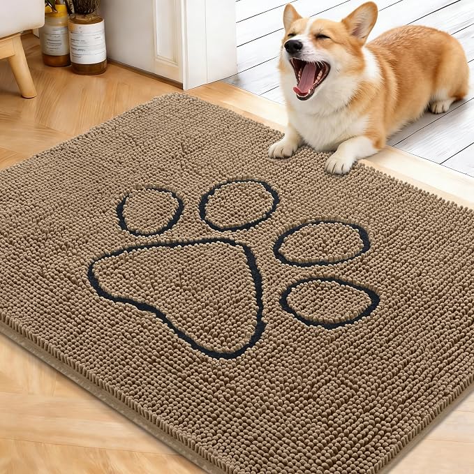 OLANLY Dog Door Mat for Muddy Paws 40x32, Paw Print Design Chenille Mud Mat | Tan, Super Absorbent, Traps Moisture and Dirt, Non-Slip Washable Doormat, Quick-Drying Indoor Entryway Floor Carpet for Dogs