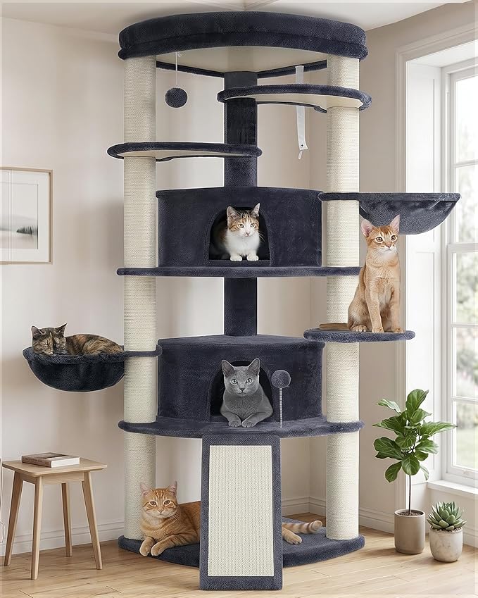 Corner Cat Tree, All Sisal Multi-Cat Scratching Posts GCT035G | 63.8" Cat Tower for Indoor Cats with Cat Condo, 2 Large Cat Caves, Big Top Perch, 2 Hanging Baskets & Sisal Ramp, Drak Gray