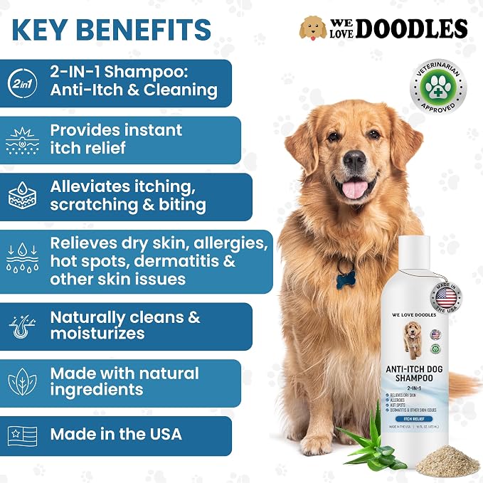 Anti Itch Dog Shampoo & Conditioner for Sensitive & Itchy Skin, Made in USA | Relieves Itchy & Dry Skin, For Irritated Skin & Hot Spots, Hypoallergenic, Tearless & Natural For Puppies, Pets & Cats, USA