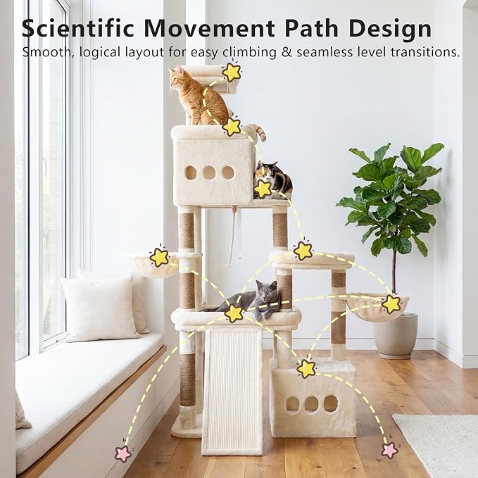 Heybly Cat Tree 72.4-Inch Anti-Tip Cat Tower with Spacious Perches HCT060MJ | All-in-One Cat Furniture for Large Cats, Multiple Interactive Areas, Extra-Large Sisal Scratching Board, Beige