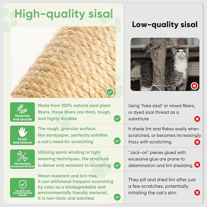 XiaZ Cat Scratching Post 34'' Tall, Durable Cat Scratch Tree Tower for Indoor Kitty with Extra Wide 15.8" Stable Base & 2 Toy Balls, Natural Sisal & Plush Fabric for Small, Medium Cats (Green, 2.8in)