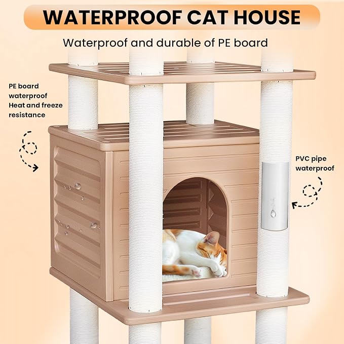 62"Tall Outdoor Cat Tree,Weatherproof Large Cat Condo with Scratching Posts | Khaki Multi-Level Cat Tree Design,Polypropylene Scratching Posts,Suitable for Indoor and Outside Use,Easy to Assemble CTT-10