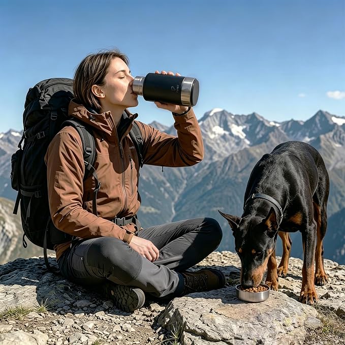 Dog Water Bottle with 2 Bowls, 32 oz Insulated Stainless Steel Portable Pet Travel Bottle, Food and Water Bowl Set for Walking Hiking Camping, Large Dog Accessories, Black