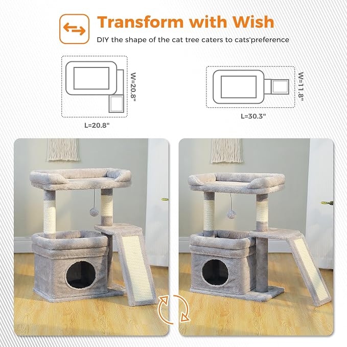 PEQULTI Cat Tree for Small Medium Cats, Gray Cat Tower for Indoor Cats | Gray aesthetic cat furniture with soft perch, private condo, natural sisal scratch post for indoor small medium kittens