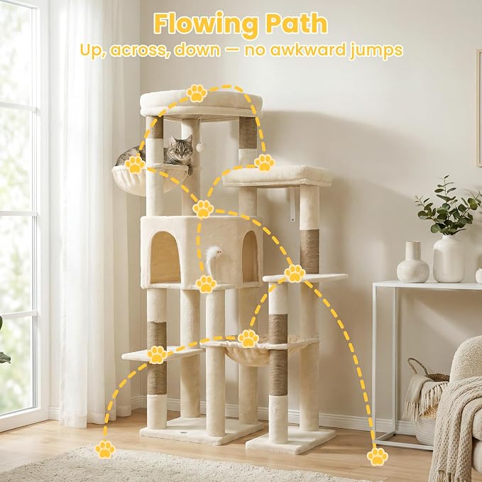 65" Cat Tree Tower, Anti-Tip Cat Condo for Indoor Cats VCT012MJ | Cat Furniture with Extra Wide Baseboard & Large Perch, 2 Hammocks, Cozy Condo, 7 Sisal Scratching Posts, Beige