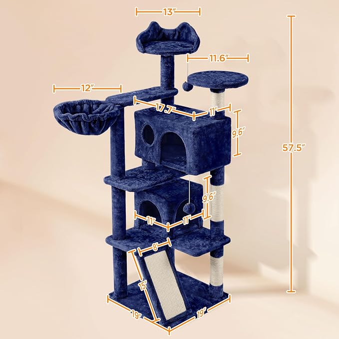 Topeakmart 57in Cat Tree Tower with 2 Plush Rooms Kitten Furniture Play House