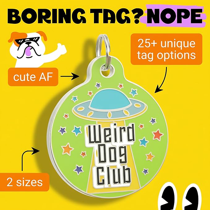 Bad Tags Personalized Dog and Cat ID Tags in 25+ Designs and 2 Sizes - 5 Lines of Custom Engraved Text - Funny Cute Personalized Pet Tags (Weird Dog Club, Small (1 inch))