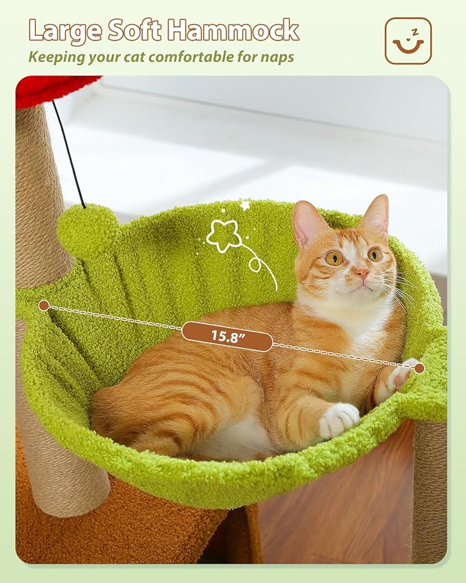35" Flower Cat Tree for Kittens with Hammock & Sisal Posts, Brown | Flower-shaped top perch, Metal frame hammock, Sisal scratching posts, Cozy pink condo, Sturdy stable base, For small cats