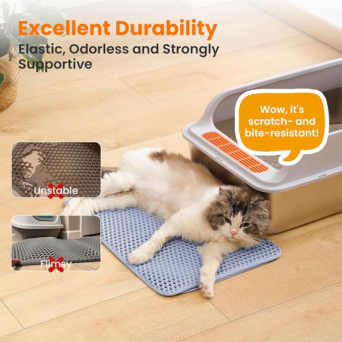 Small Cat Litter Mat, Double Layer Honeycomb Litter Box Mat | 20x14”, Reduces Litter Tracking, Waterproof, Non-Slip, Soft on Paws, Scratch Resistant, Easy to Clean, Blue