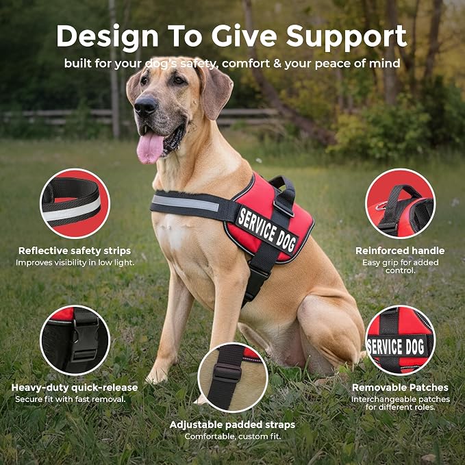 Industrial Puppy Service Dog Vest Harness - Durable and Adjustable Vest for Dog with Reflective Straps, Removable Patches, 50 ADA Cards, Handle & D-Ring, Travel and Daily Use,(Bright Red, XXL 33"-42")