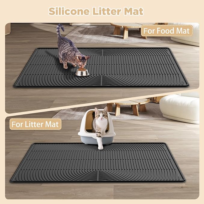 AMOK Cat Litter Mat, Extra Large Silicone Litter Box Mat 40" x 28", Waterproof Litter Trapping Mat for Cats, Durable and Easy to Clean, Black