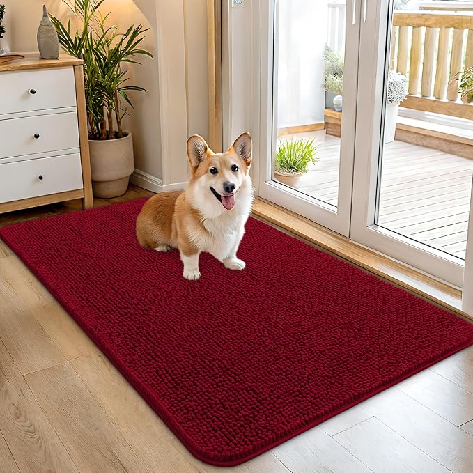 OLANLY Dog Door Mat for Muddy Paws 45x27, Super Absorbent Chenille Mud Mat | Red, Absorbs Moisture and Dirt, Non-Slip Machine Washable Doormat, Quick-Drying Indoor Entryway Floor Carpet for Dogs